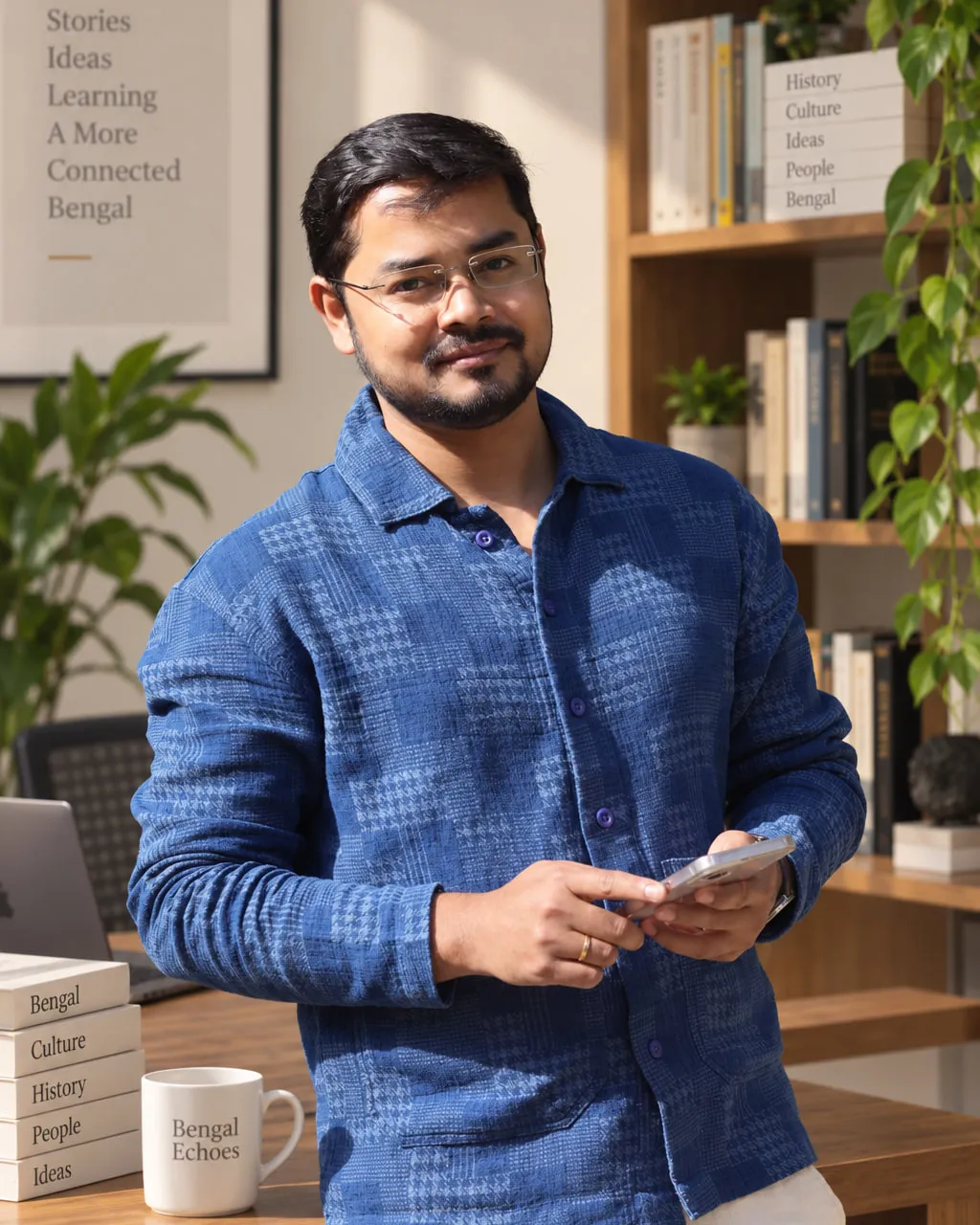 Anirban Das, standing at a book-lined desk in the Bengal Echoes studio.