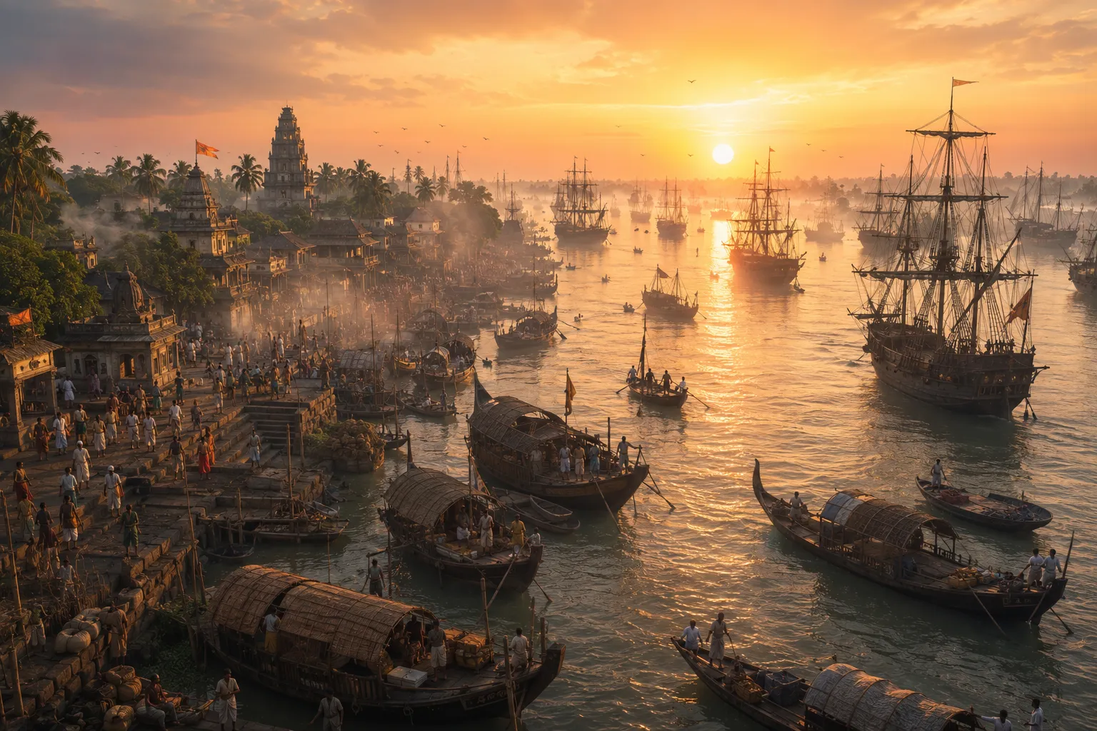 Historical editorial depiction of Saptagram, the medieval Bengal port whose prosperity was closely tied to the navigability of the Saraswati River.