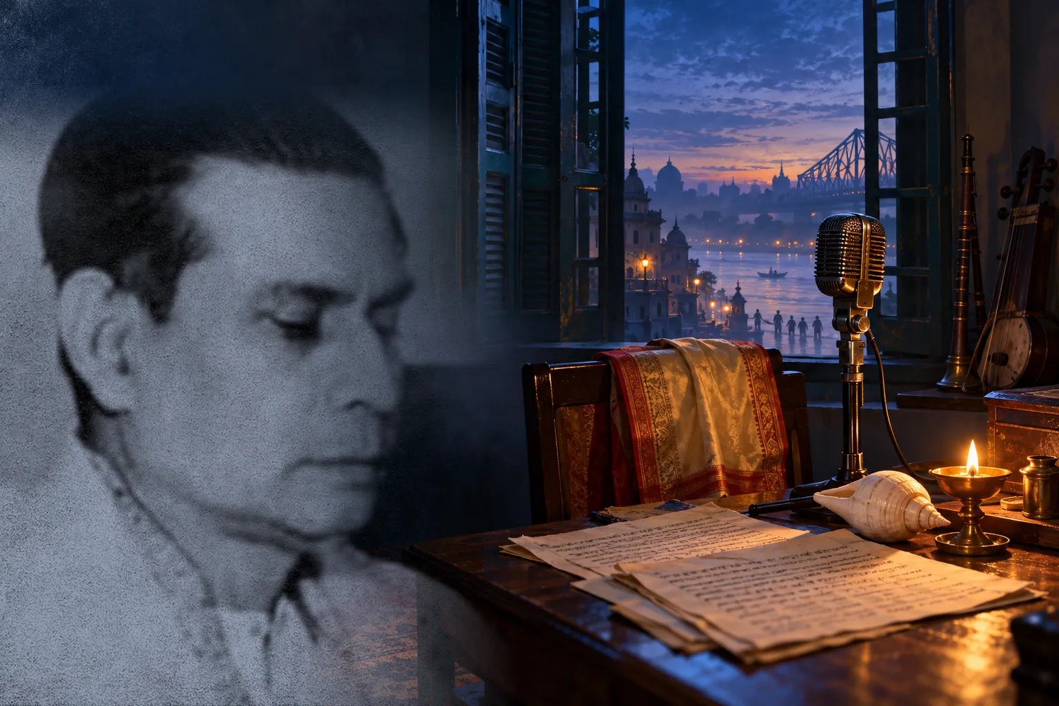 Black-and-white portrait of Birendrakrishna Bhadra beside a pre-dawn radio studio with a vintage microphone, conch shell, brass lamp and garad silk