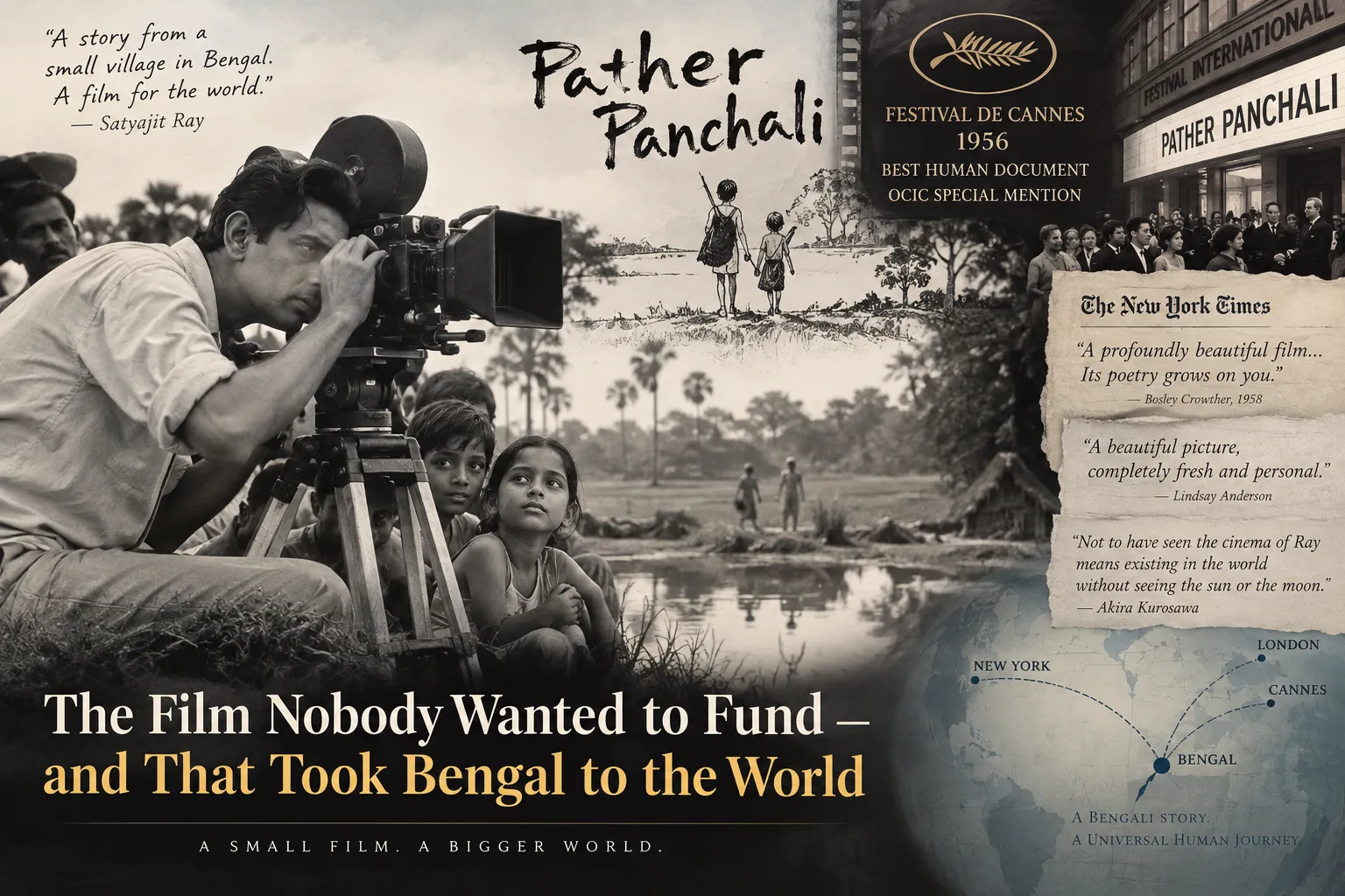 A vintage documentary-style collage showing Satyajit Ray filming Pather Panchali in rural Bengal, with children beside a pond, the Cannes Film Festival, international newspaper criticism and a map tracing the film’s journey from Bengal to the world.