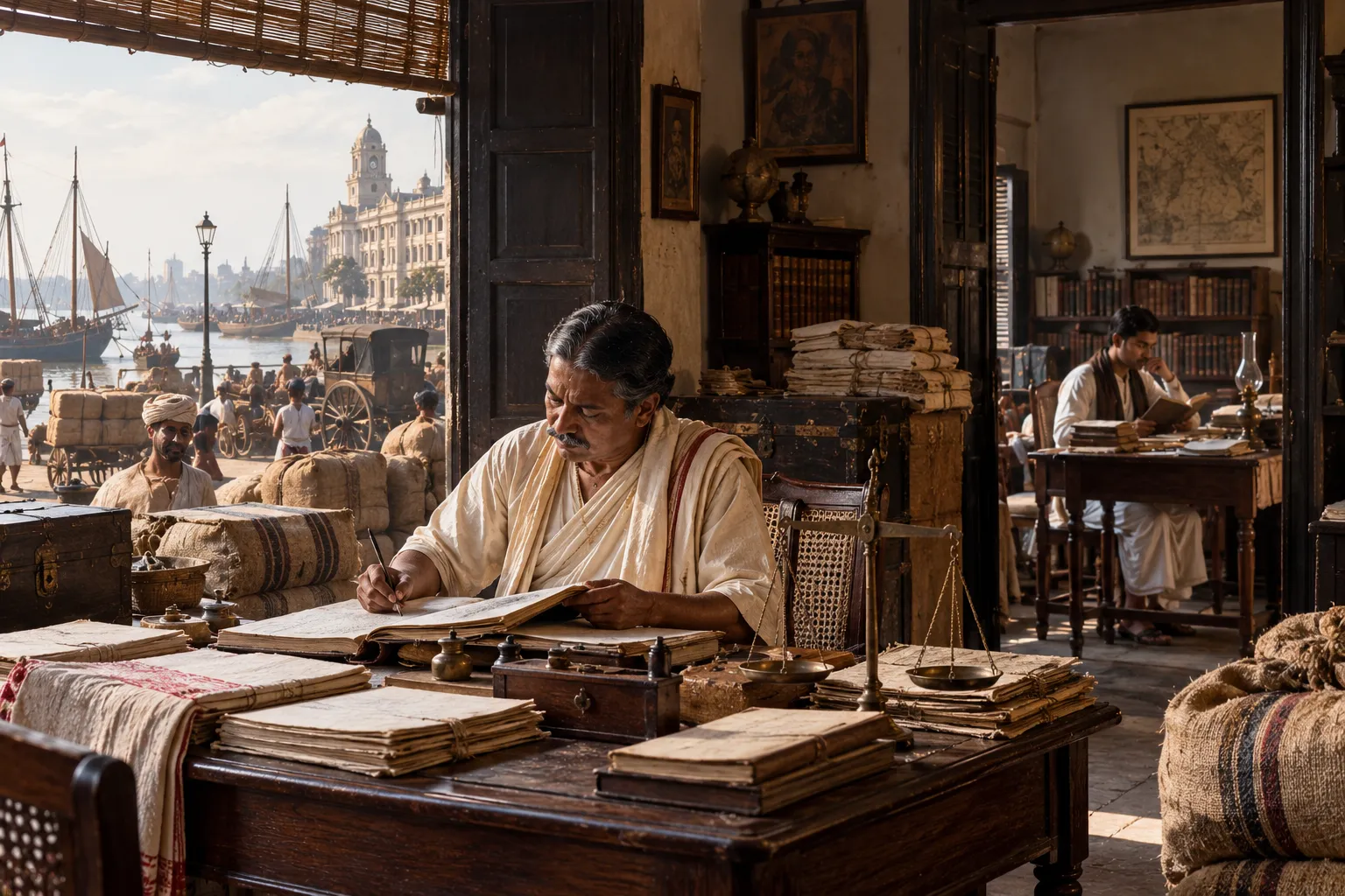 Historical editorial depiction of a nineteenth-century Bengali merchant working in a Calcutta counting house, with goods, ledgers and river commerce outside while an educated Bengali man studies in an adjoining room, evoking the changing ideals of ambition and respectability in colonial Bengal.