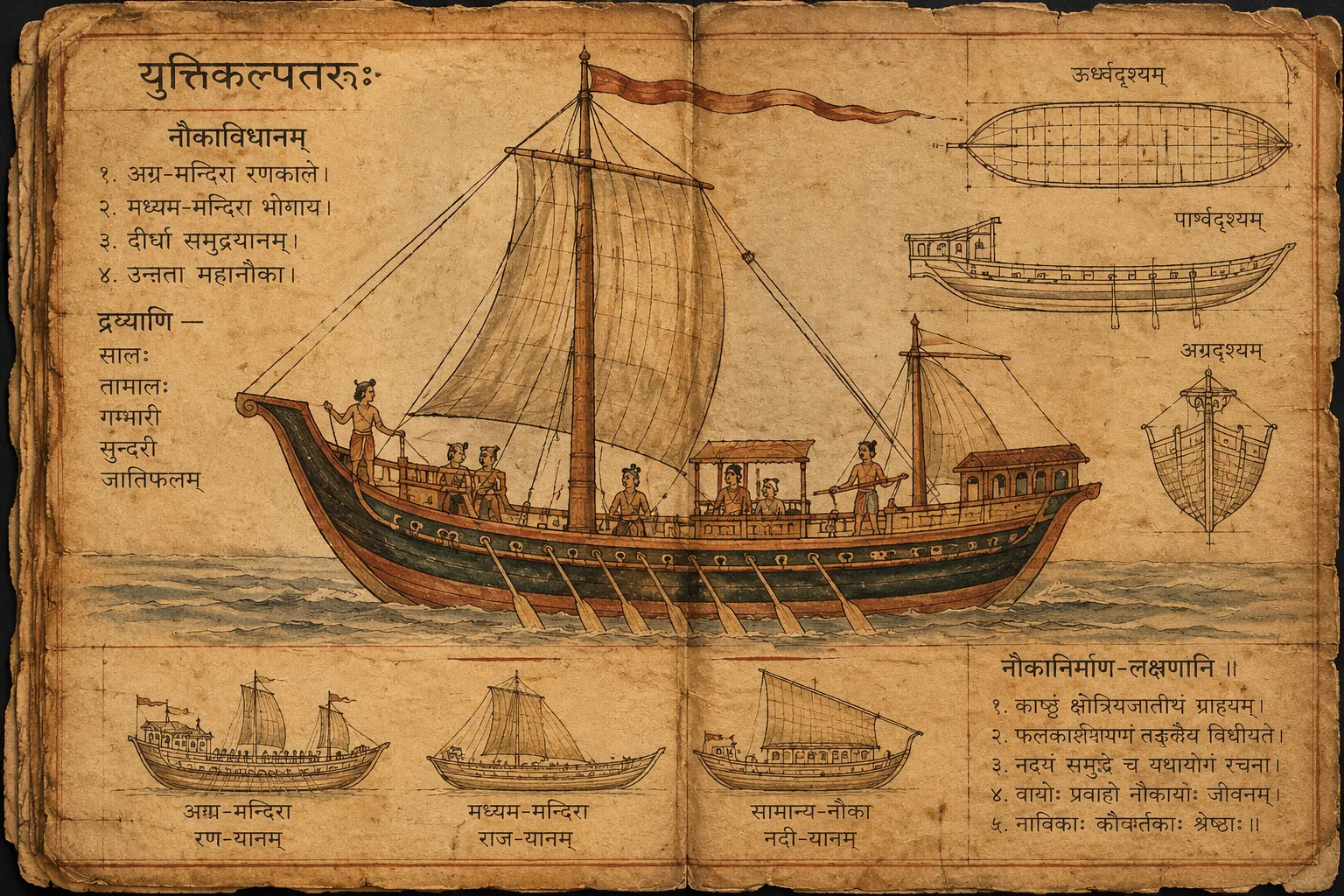 An imagined historical manuscript spread showing an ancient Indian sailing vessel with a curved wooden hull, sail, mast, oars and smaller ship studies, accompanied by Sanskrit-style annotations and technical sketches.