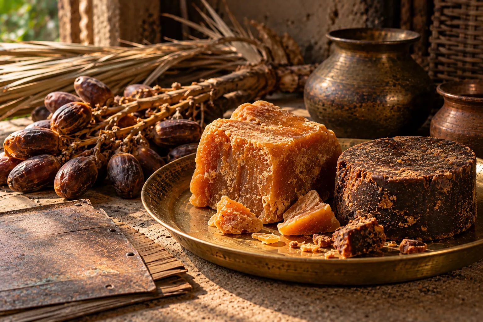 Date-palm jaggery and cane jaggery on a copper plate with palm frond and copperplate fragment, no white sweets.