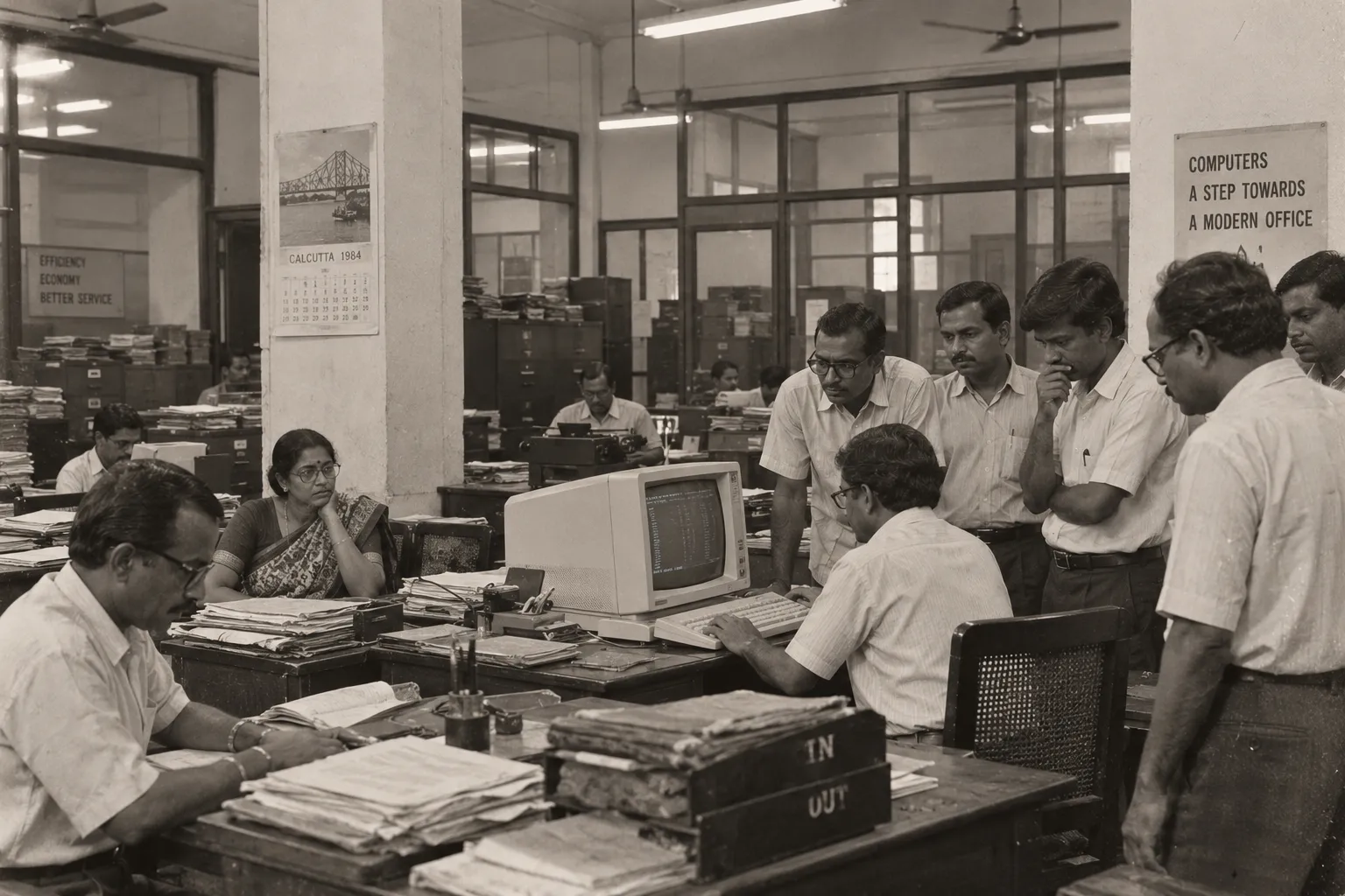 1980s-style archival scene in a Calcutta office showing workers gathered around an early desktop computer alongside traditional paper files and typewriters, representing the debate over computerisation and employment in Bengal.
