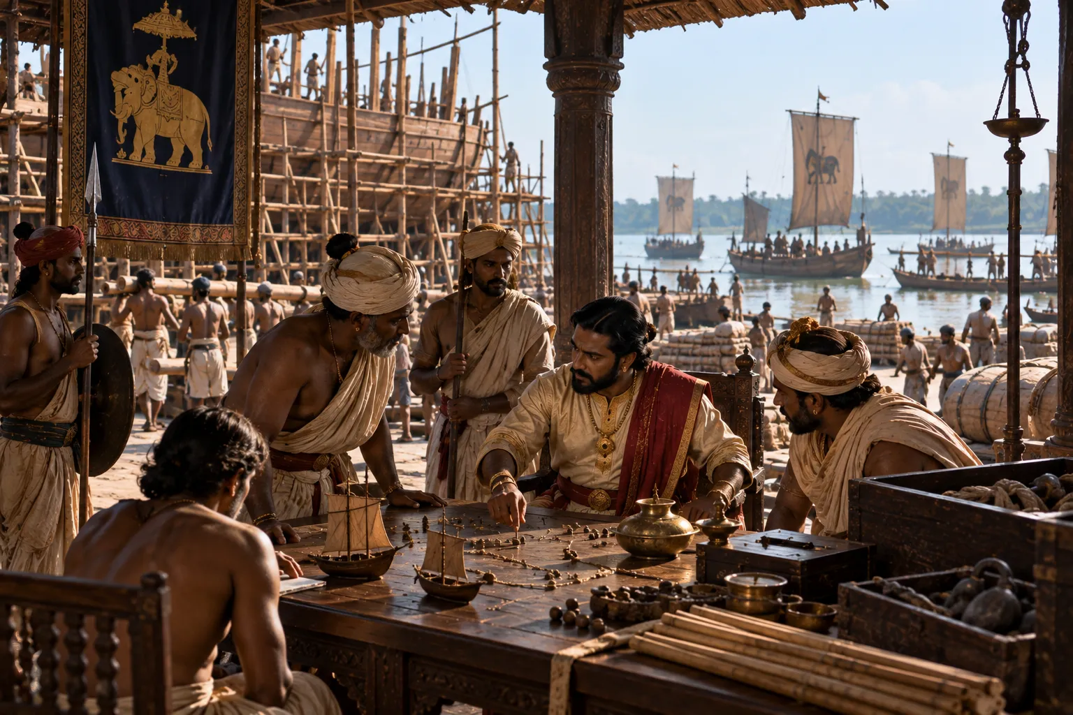 Medieval Bengali naval officials confer beneath a riverside pavilion while shipbuilders construct large wooden vessels and boats move along the river behind them.