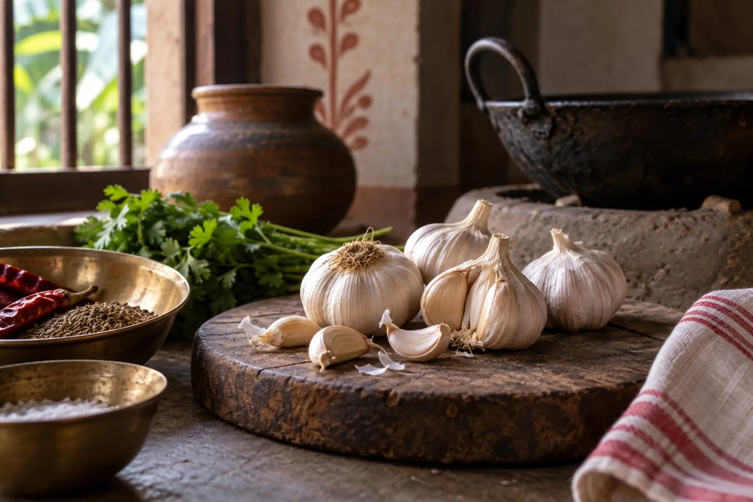 Garlic bulbs and cloves arranged on a wooden chopping board in a traditional Bengali kitchen