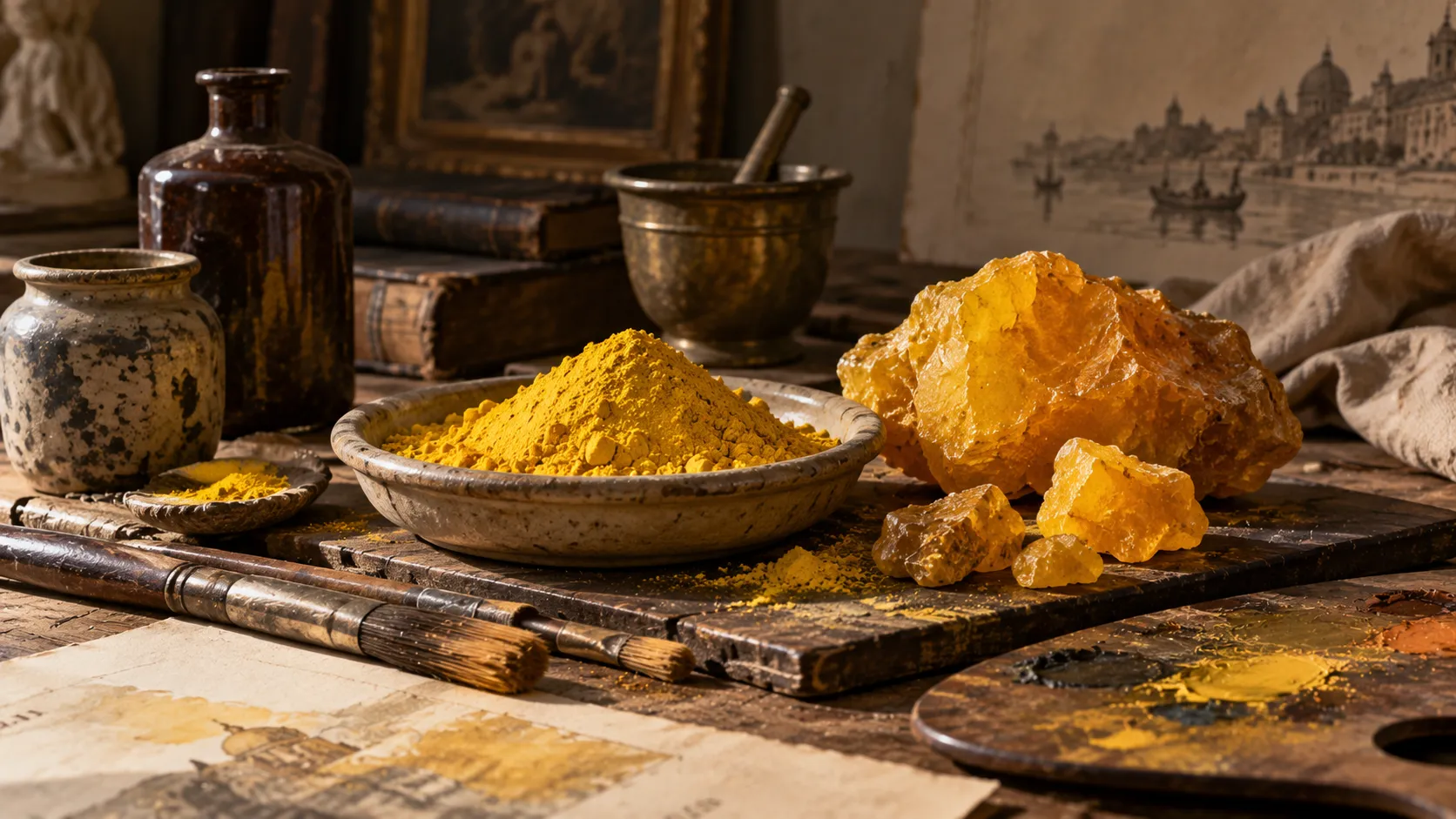 Golden-yellow pigment and an artisan’s workbench evoke Indian Yellow, the unusual cattle-derived colour traded from rural Bihar through Calcutta to European artists.