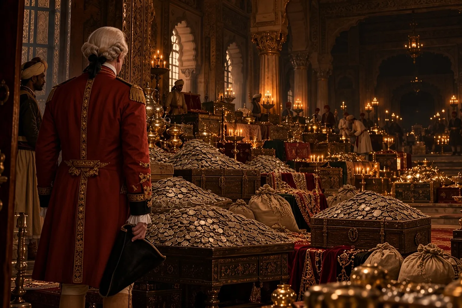 Illustration: a British officer, seen from behind, stands in a candlelit treasury among heaps of silver coins, money bags and open chests