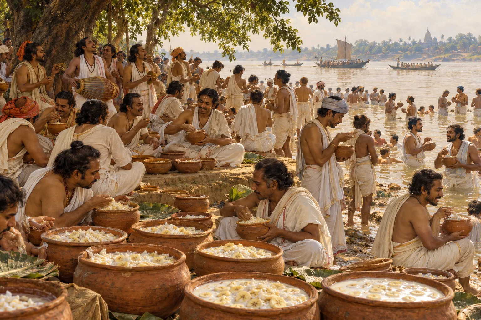 Crowd eating soaked chire and curd from earthen pots on the Ganga bank at Panihati, some standing waist-deep in the river