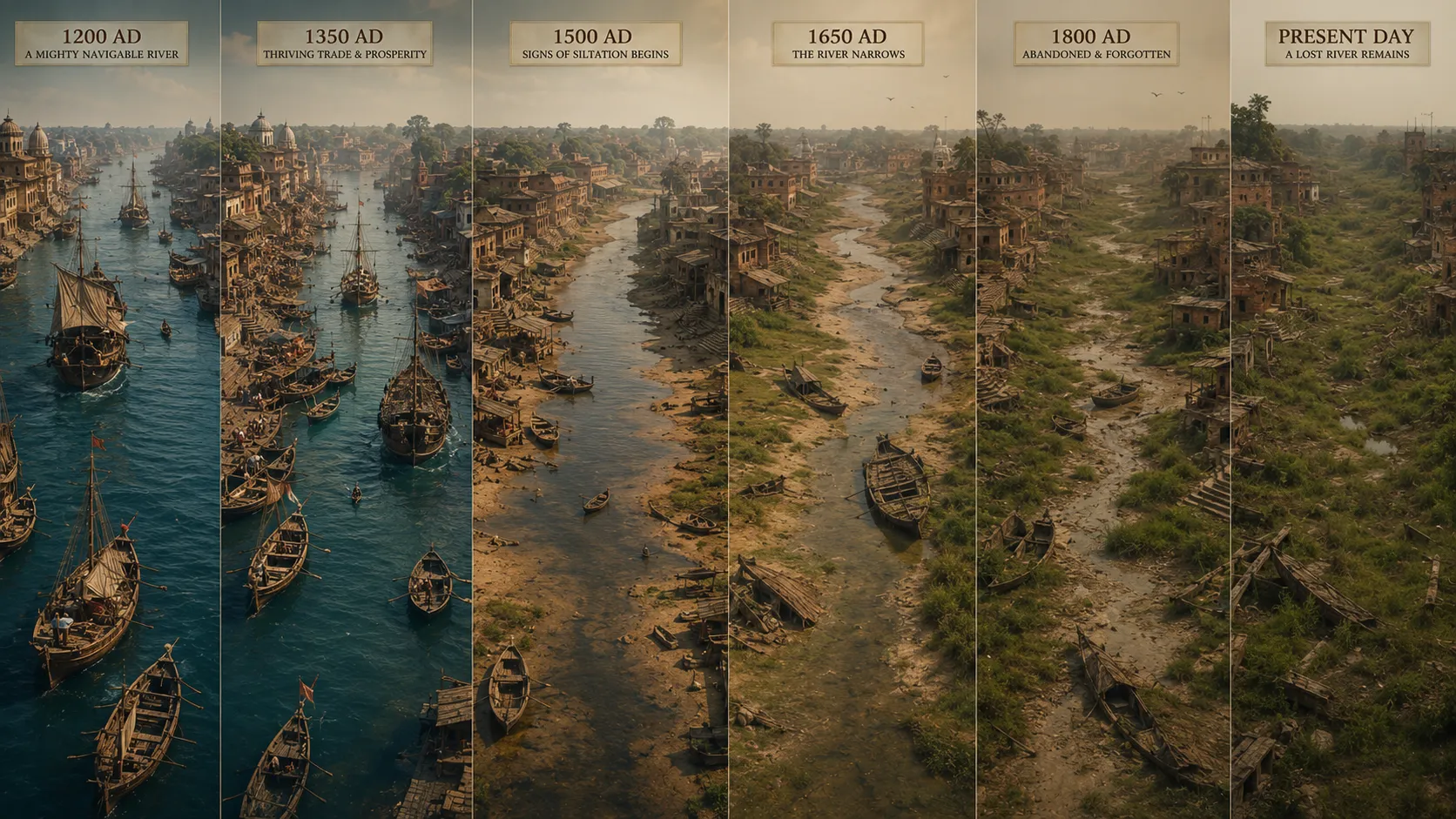A visual timeline of the Bengal Saraswati showing its transformation from a wide, busy navigable river with sailing vessels and riverside settlements into a narrow, silted channel and finally a largely abandoned landscape.