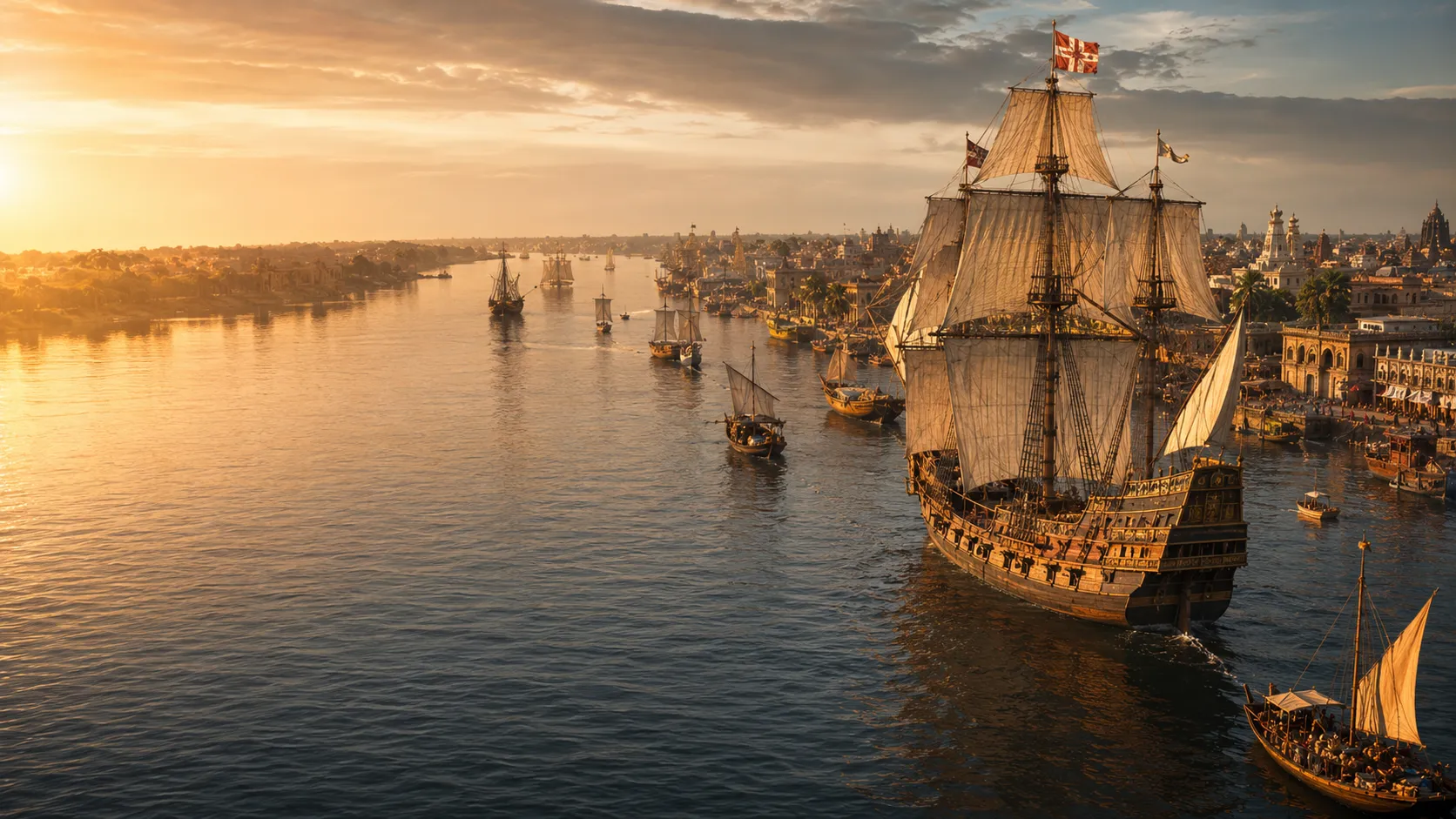 Historic river port on the Hooghly with large sailing ships and smaller trading boats, representing the shift of Bengal's maritime commerce downstream from Saptagram.