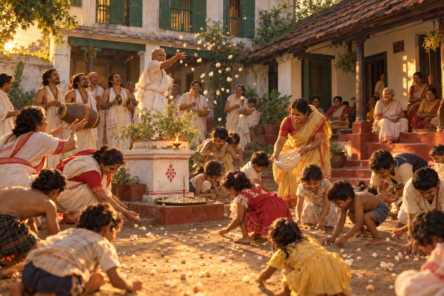 Harir lut in a Bengali courtyard: batasa thrown in the air as children and adults scramble to catch them around a tulsi-mancha