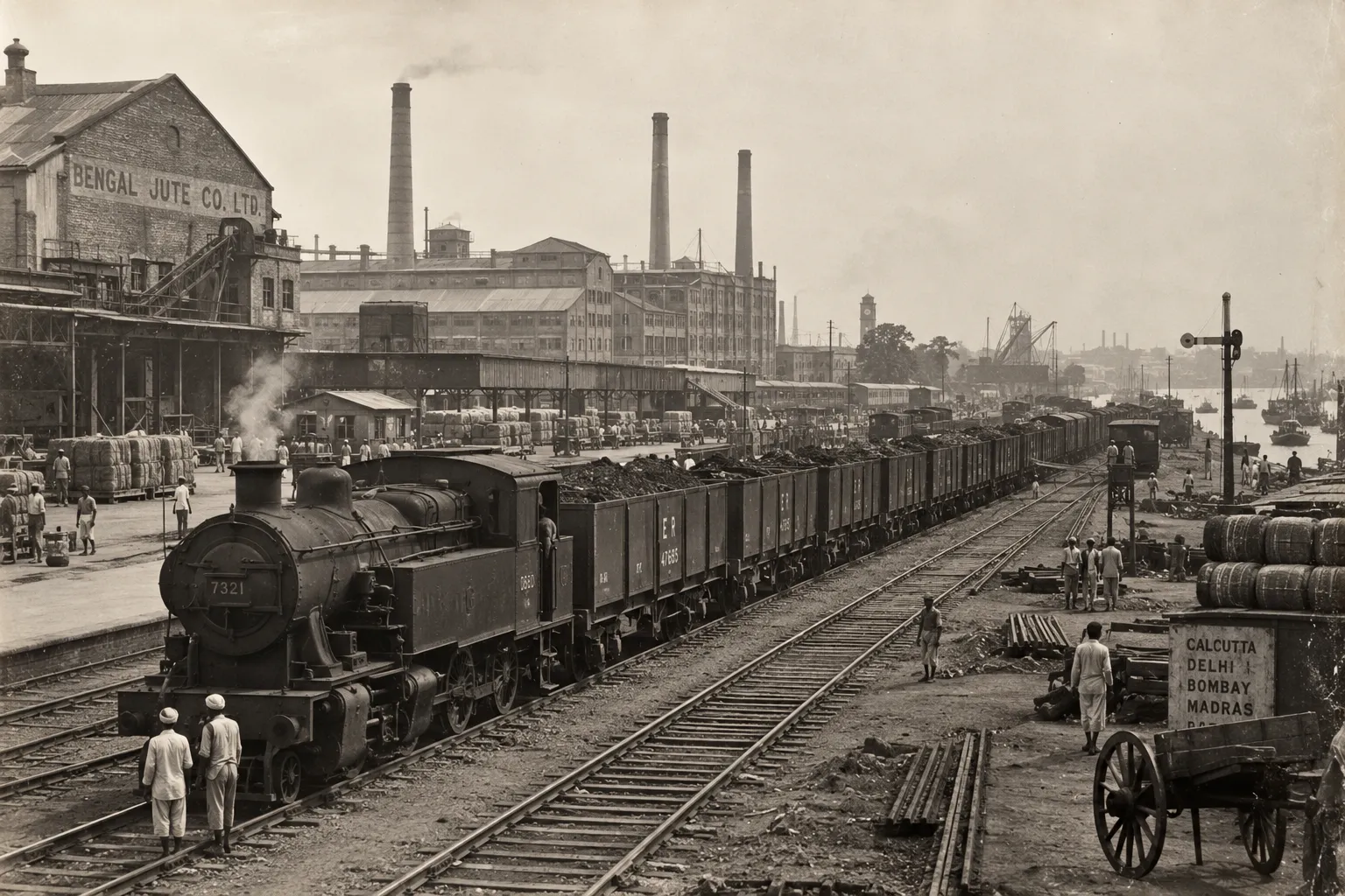 A 1950s-style industrial railway scene in Bengal, with a freight train carrying heavy raw materials beside a large factory complex, representing the changing economics of industrial geography.
