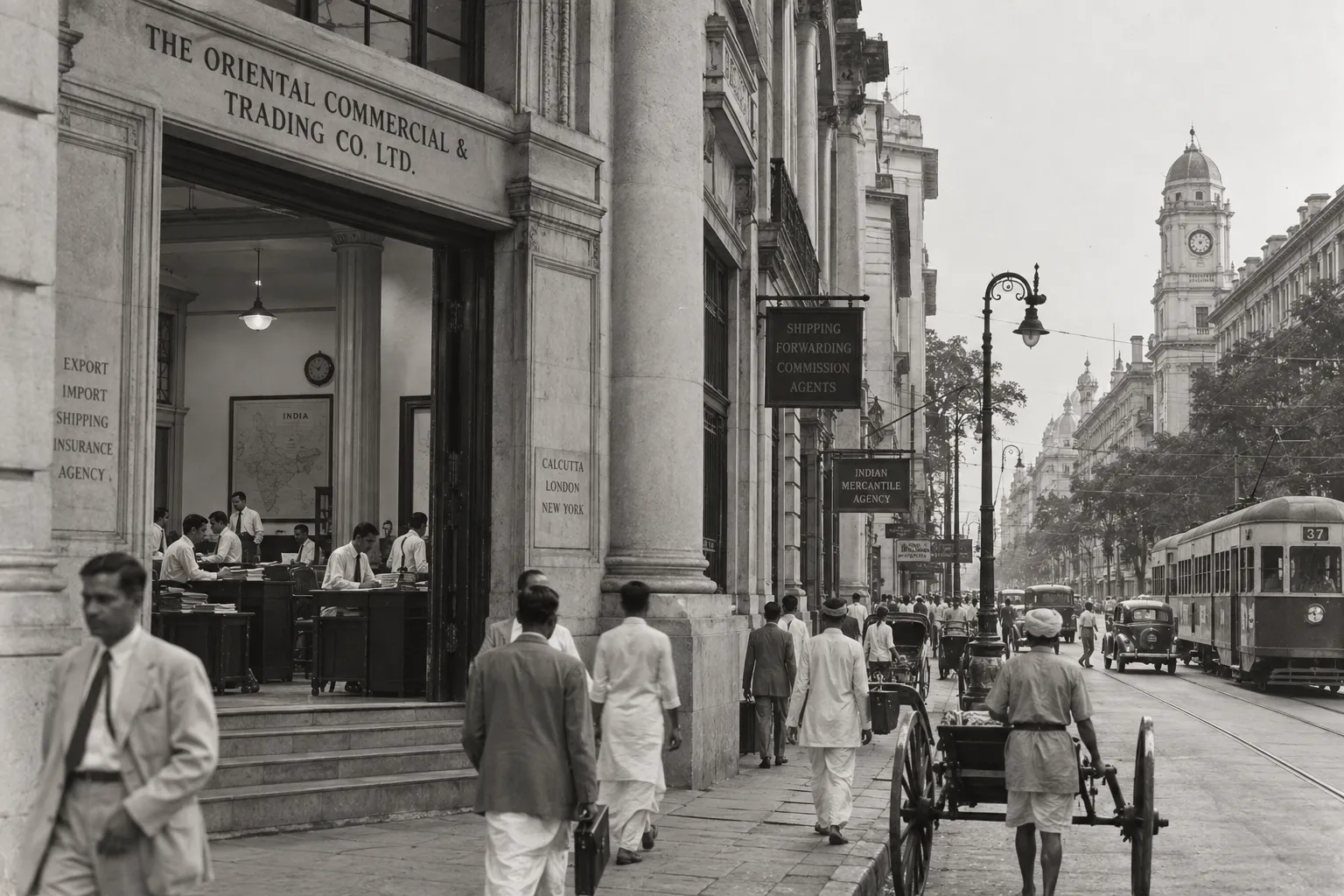A historical Calcutta business district with a grand company office, Indian professionals and period street activity, representing the changing geography of corporate power after Independence.