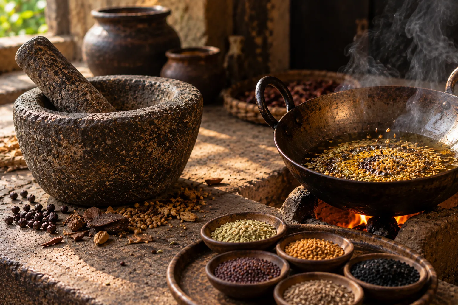 Worn stone mortar beside a pan of five whole spices crackling in oil, suggesting antiquity of tools versus a possibly younger blend.