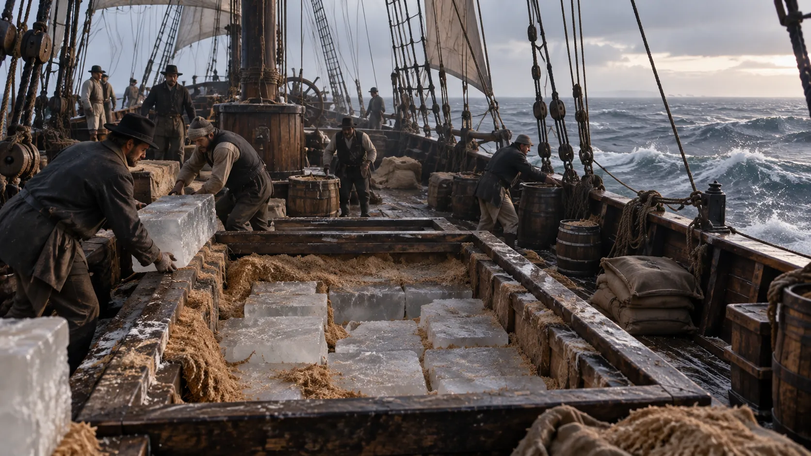 An icebound cargo ship and its crew carrying ice across the ocean, illustrating the nineteenth-century trade that brought frozen water from Massachusetts to Calcutta.
