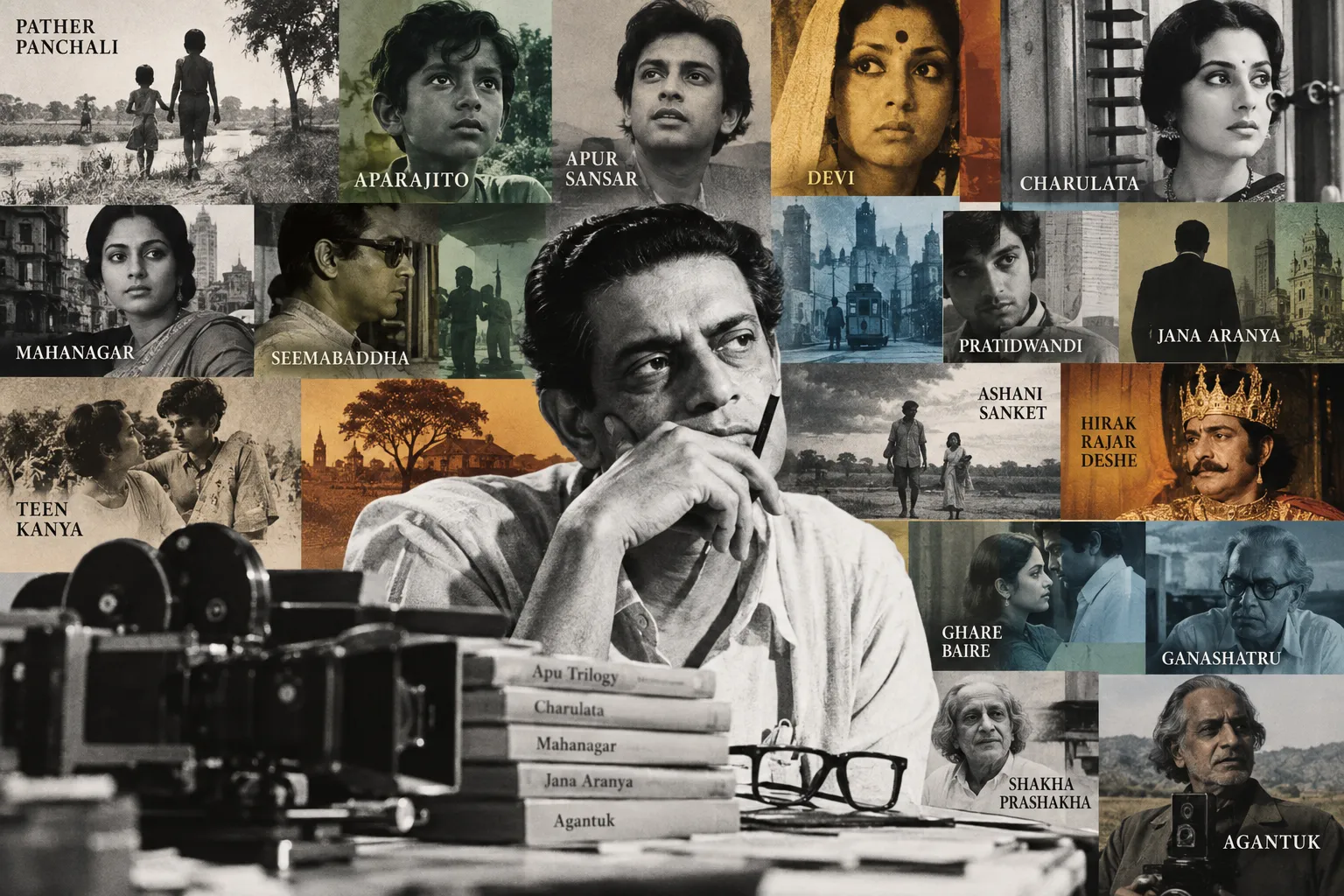 A vintage editorial collage of Satyajit Ray surrounded by scenes and visual references from his films, including Pather Panchali, Aparajito, Apur Sansar, Devi, Charulata, Mahanagar, Pratidwandi, Jana Aranya, Hirak Rajar Deshe, Ghare Baire, Ganashatru, Shakha Prashakha and Agantuk.