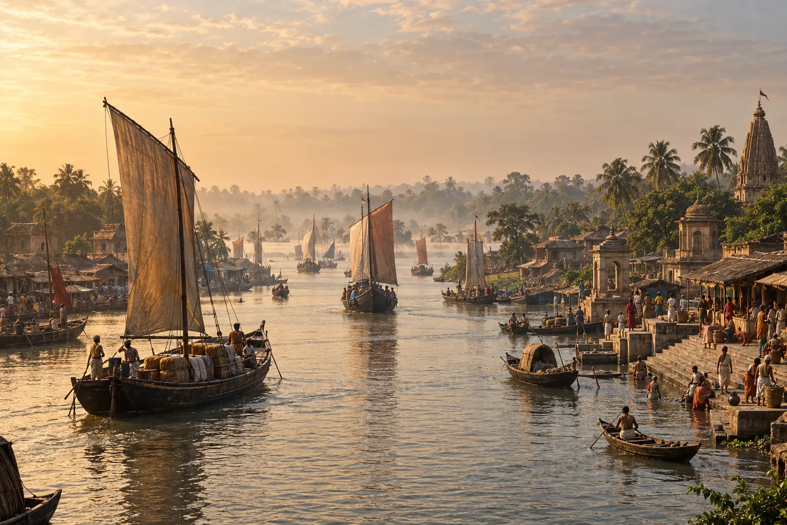 A broad medieval Bengal river filled with sailing merchant boats, riverside markets and ghats, with pilgrims and temple architecture along the shore, evoking the Saraswati as remembered in Bengali literature.