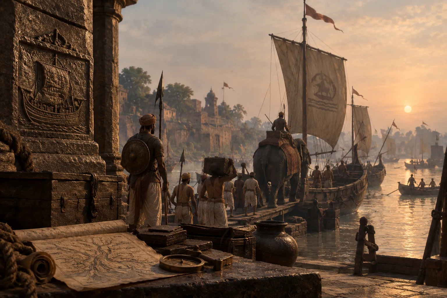 A historical-style reconstruction of a riverside port in Bengal, with wooden sailing vessels, soldiers and workers loading supplies, an elephant near a boat, and a fortified settlement in the background. The scene evokes the transport and logistical roles of river fleets.