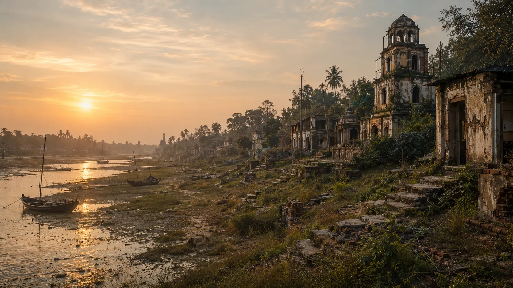 A broad, shallow riverbank with small wooden boats and weathered historic structures rising along the overgrown shore at sunset.