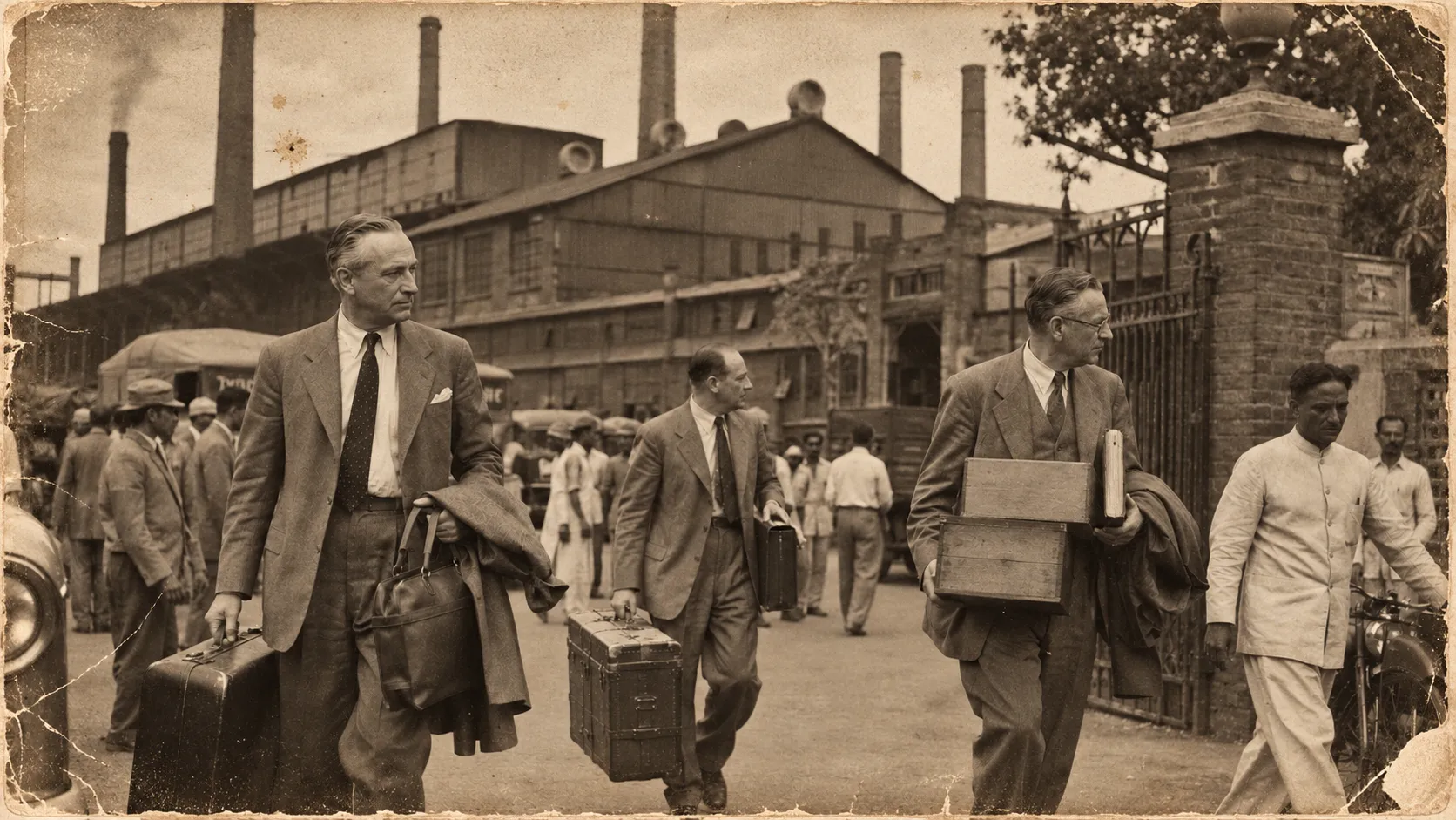 A historical industrial scene in Calcutta showing a large factory complex along the Hooghly, evoking the changing ownership of Bengal’s industrial economy after Independence.