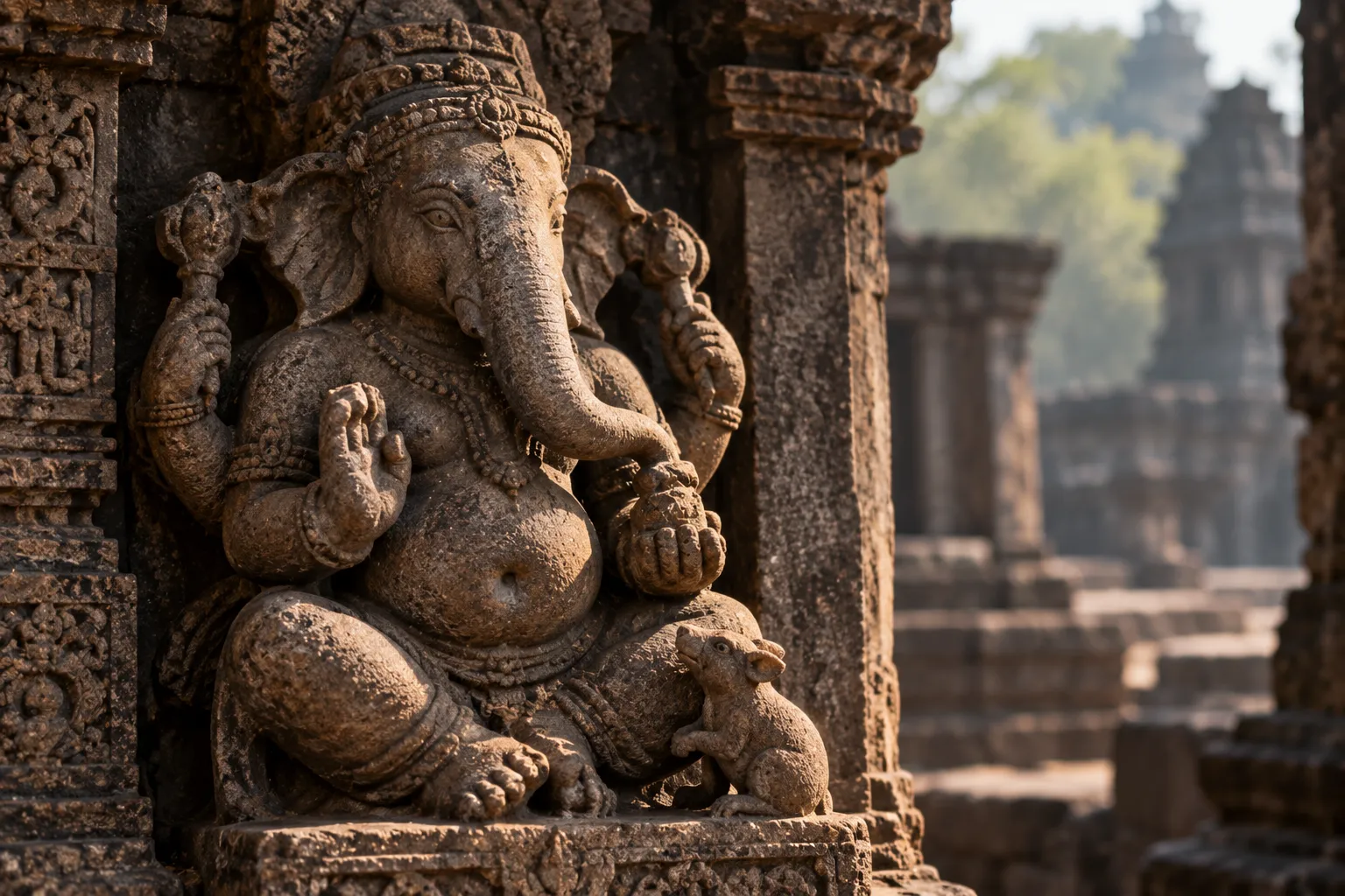 A weathered sandstone sculpture of elephant-headed Ganesha seated in an ornate temple niche, with a small mouse beside him and ancient stone architecture fading into the background.
