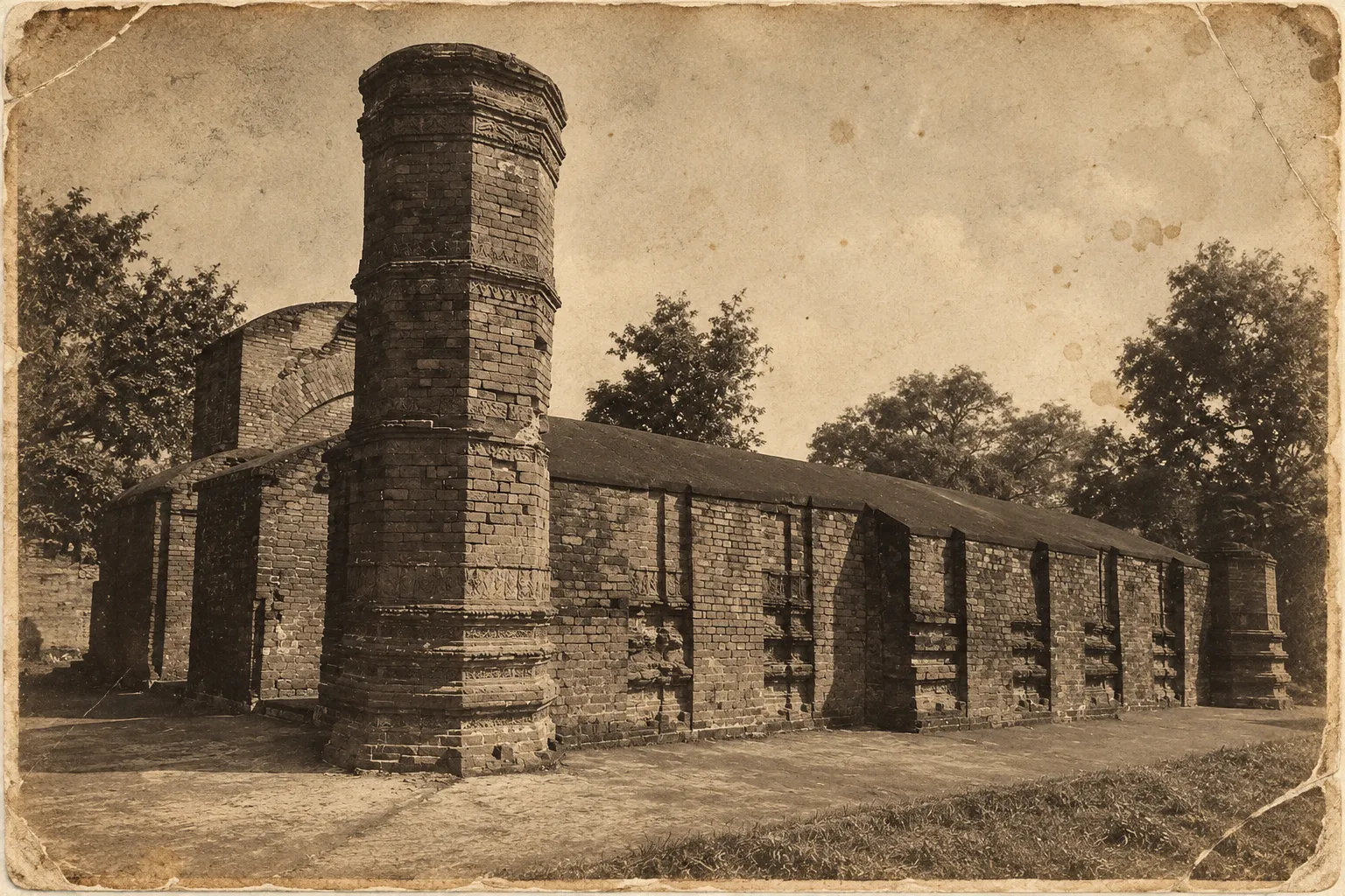 A sepia-toned historical view of the Zafar Khan Ghazi Mosque at Tribeni, showing its long brick structure, monumental cylindrical pillar and surrounding trees.