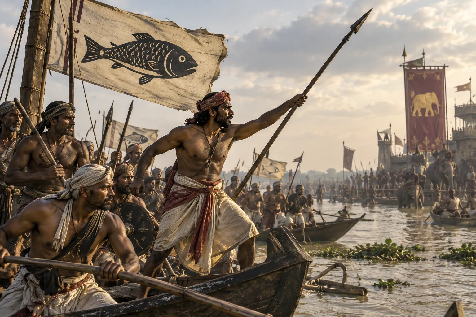 A cinematic historical scene of Kaivarta boatmen and river warriors gathered on wooden boats in medieval Bengal, with fish-emblazoned banners in the foreground and a fortified settlement with elephants and royal standards across the river.