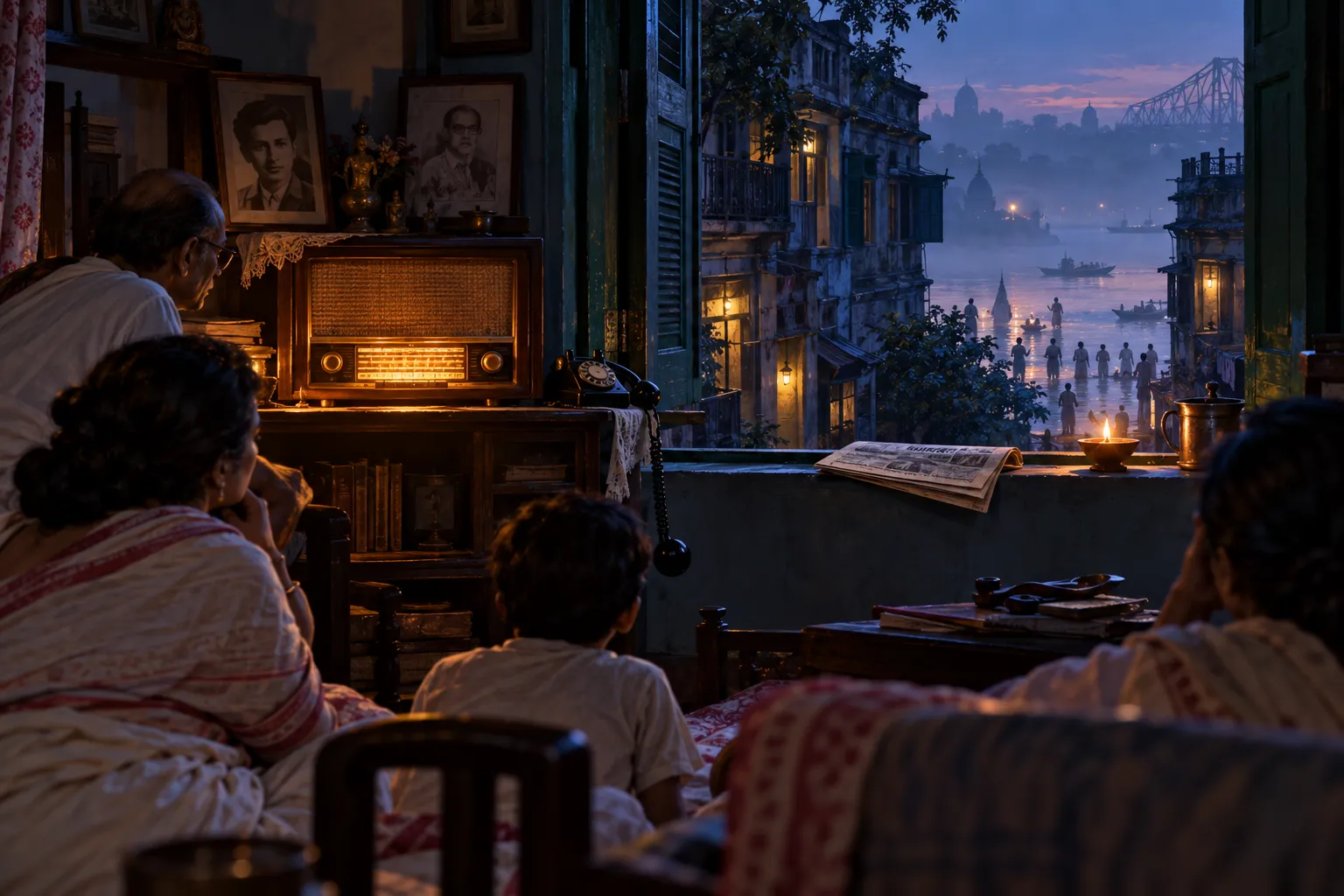 Pre-dawn Mahalaya in a Kolkata home, a family listening to a glowing valve radio, the Ganga ghat and Howrah Bridge in the mist outside
