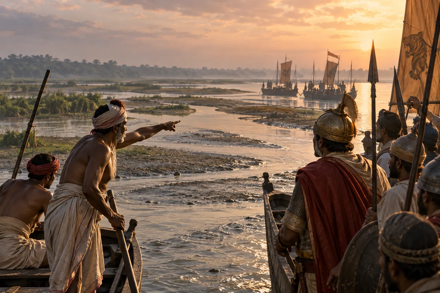 A medieval Bengali boatman points out a navigable channel to soldiers aboard wooden boats as a flotilla moves through the shifting waterways of the Bengal delta at low tide.