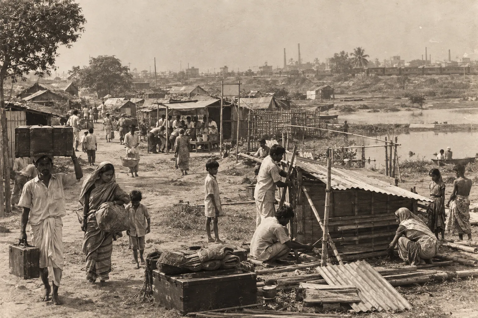 An archival-style scene of East Bengali refugee families establishing a new settlement on the outskirts of Calcutta after Partition, carrying belongings and constructing simple bamboo and corrugated-metal shelters as a neighbourhood begins to take shape.