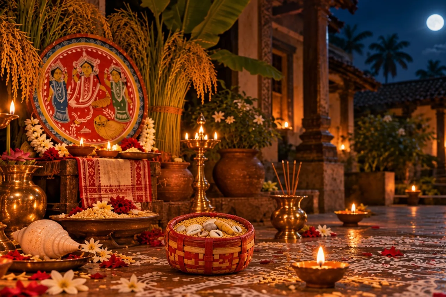 Illustration: a Kojagari Lakshmi Puja courtyard at night under a full moon, with a small red-and-cream woven Lakshmi jhapi holding paddy and a few cowrie shells on an alpana floor, surrounded by brass lamps, a conch, a Lakshmi pat painting and sheaves of paddy