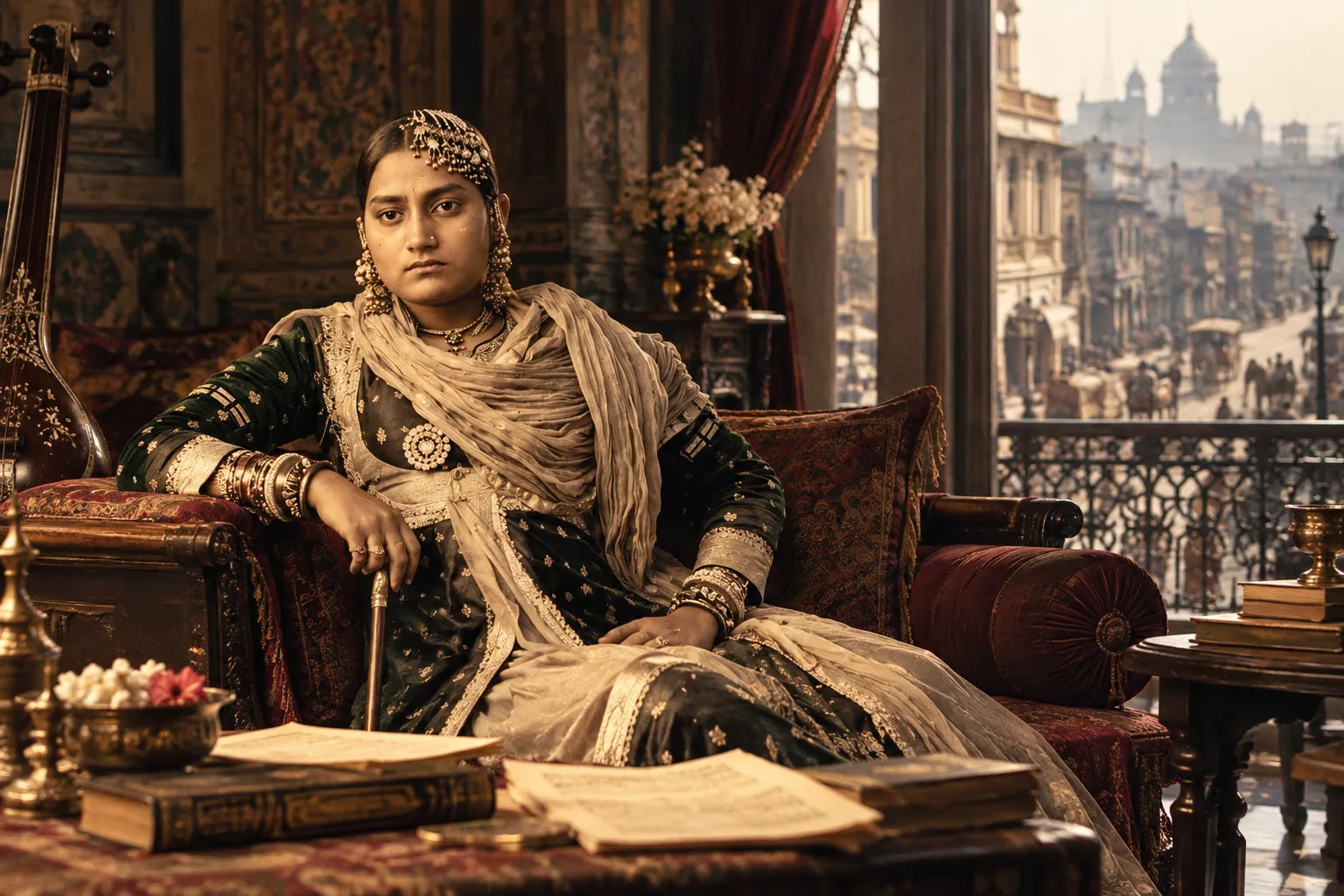 A historically inspired editorial portrait of Malka Jaan seated in an ornate nineteenth-century salon, surrounded by books, musical objects and the colonial-era city beyond.