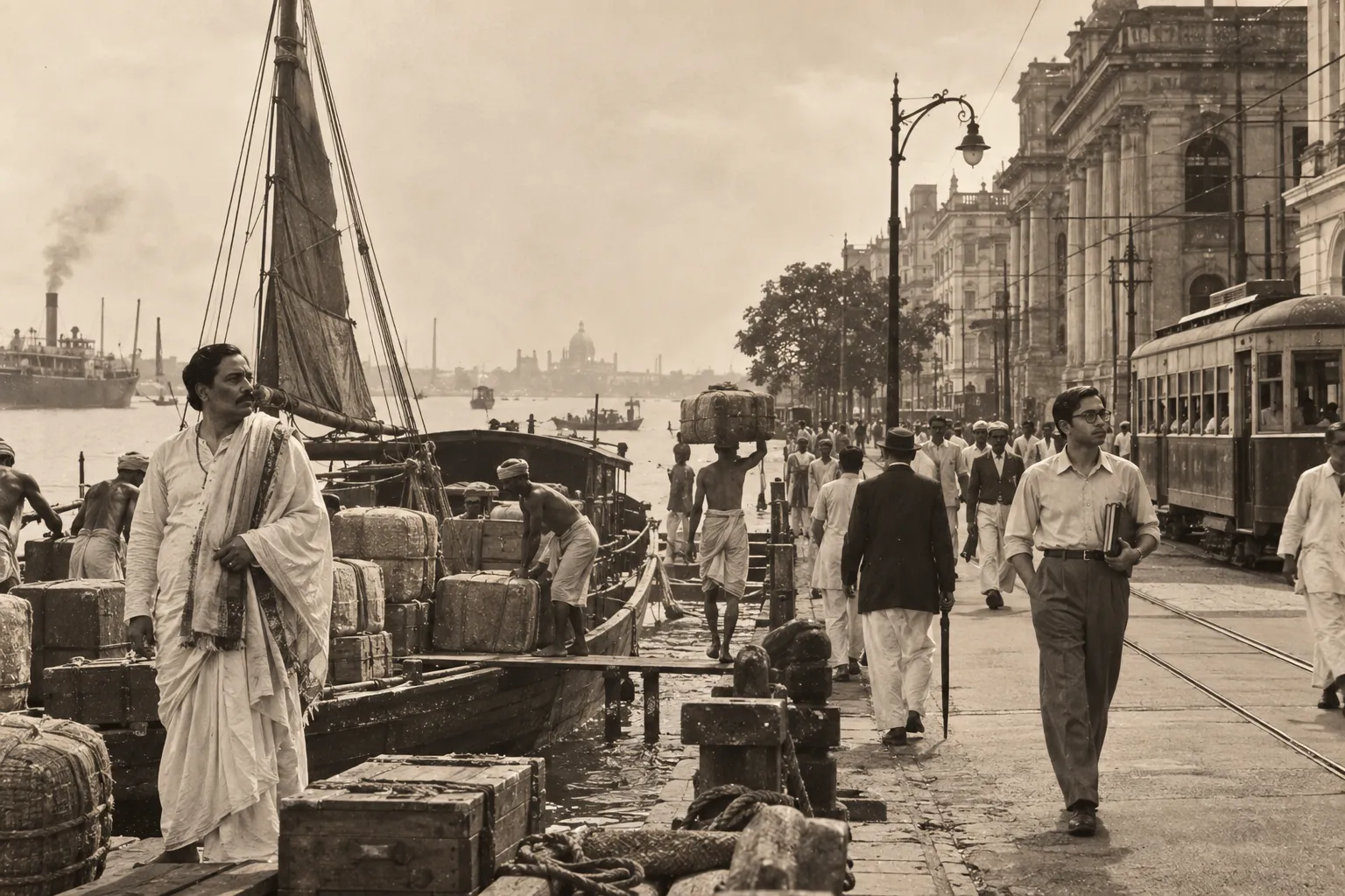 A historical editorial scene contrasting a Bengali merchant beside a riverboat and cargo with an educated Bengali office worker in a changing early-20th-century Calcutta, representing the shift from mercantile ambition to professional middle-class life in Bengali literature.