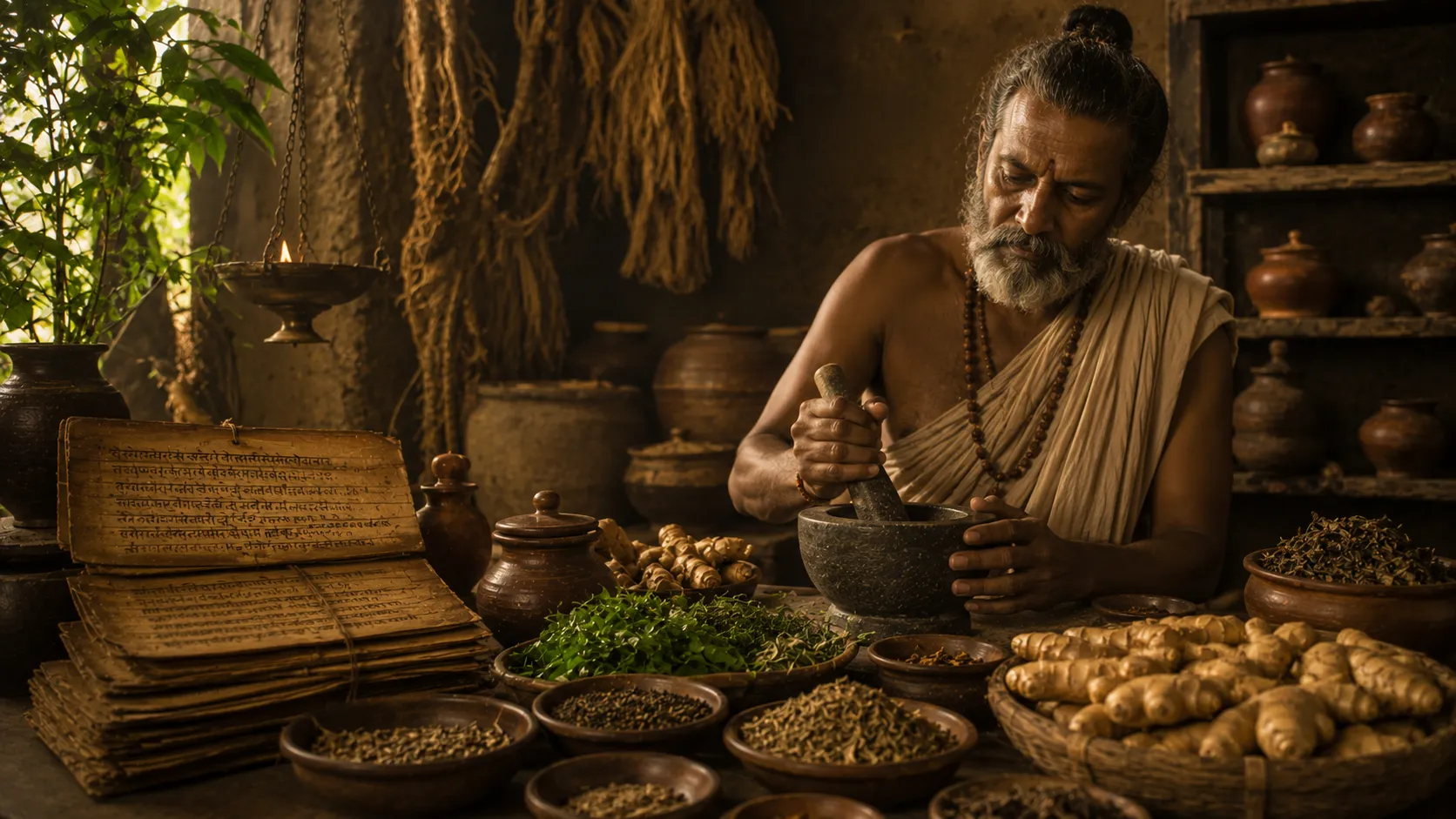 Editorial illustration for the story of ginger’s distinct place alongside garlic and onion in Bengali cooking and ritual traditions.