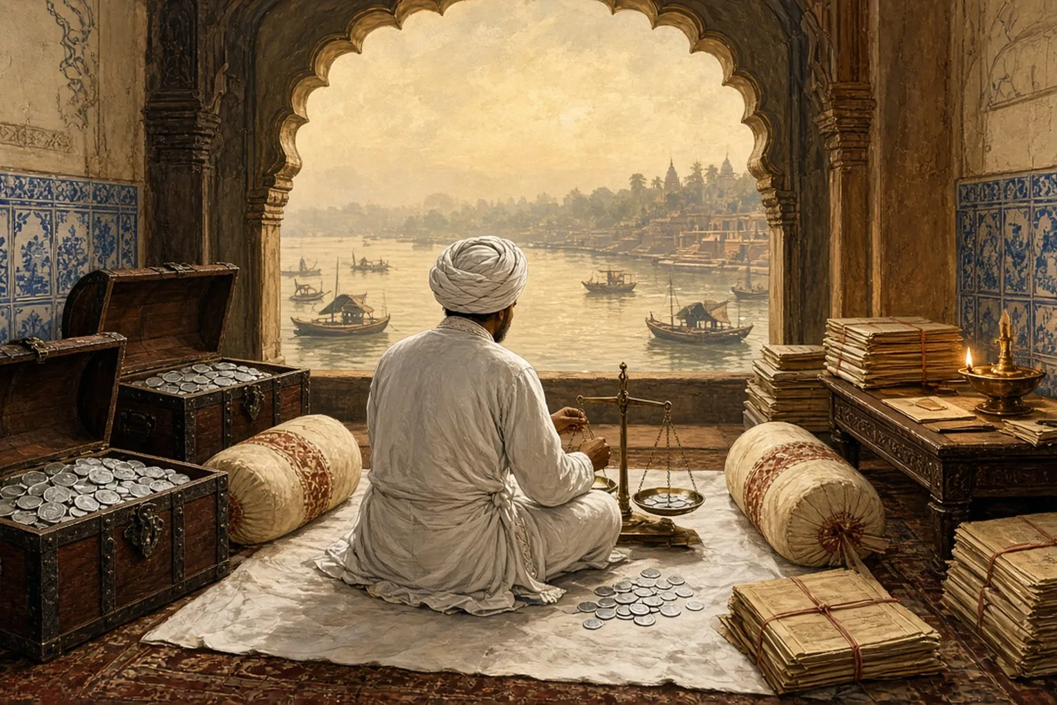 Illustration: a banker seen from behind weighs silver rupees in a lamp-lit Murshidabad counting room, with hundi papers on the floor and boats on the river beyond