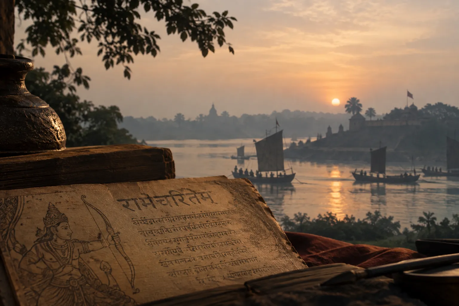 A manuscript of the Ramacharitam beside a calm river landscape with distant sailing boats, evoking the literary memory of medieval Bengal.