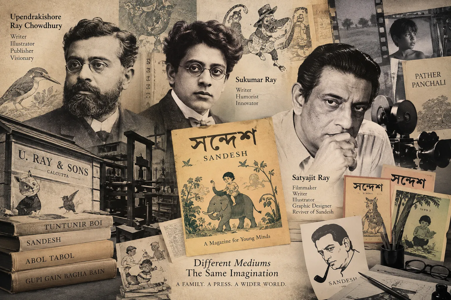 A vintage editorial collage showing Upendrakishore Ray Chowdhury, Sukumar Ray and Satyajit Ray alongside U. Ray & Sons printing imagery, Sandesh magazine covers, Bengali illustrations and references to Pather Panchali.
