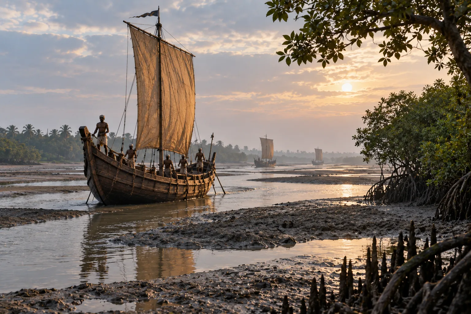 A traditional wooden sailing vessel navigates a shallow, muddy tidal channel through the Bengal delta at dawn, with mangroves, mudflats and distant boats surrounding it.