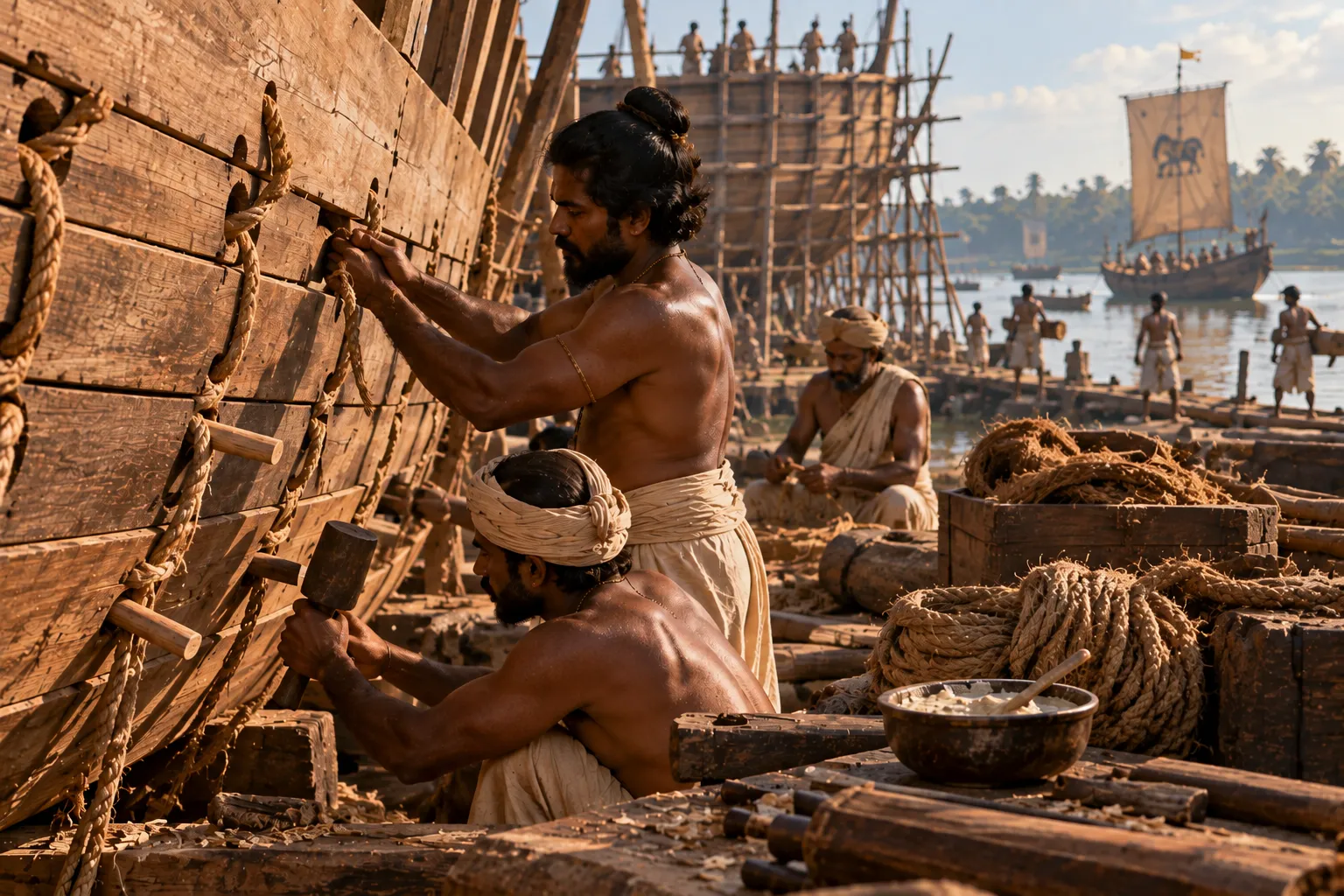 Ancient shipbuilders fasten wooden planks with braided fibre rope and wooden pegs while constructing a large vessel beside a river in Bengal.