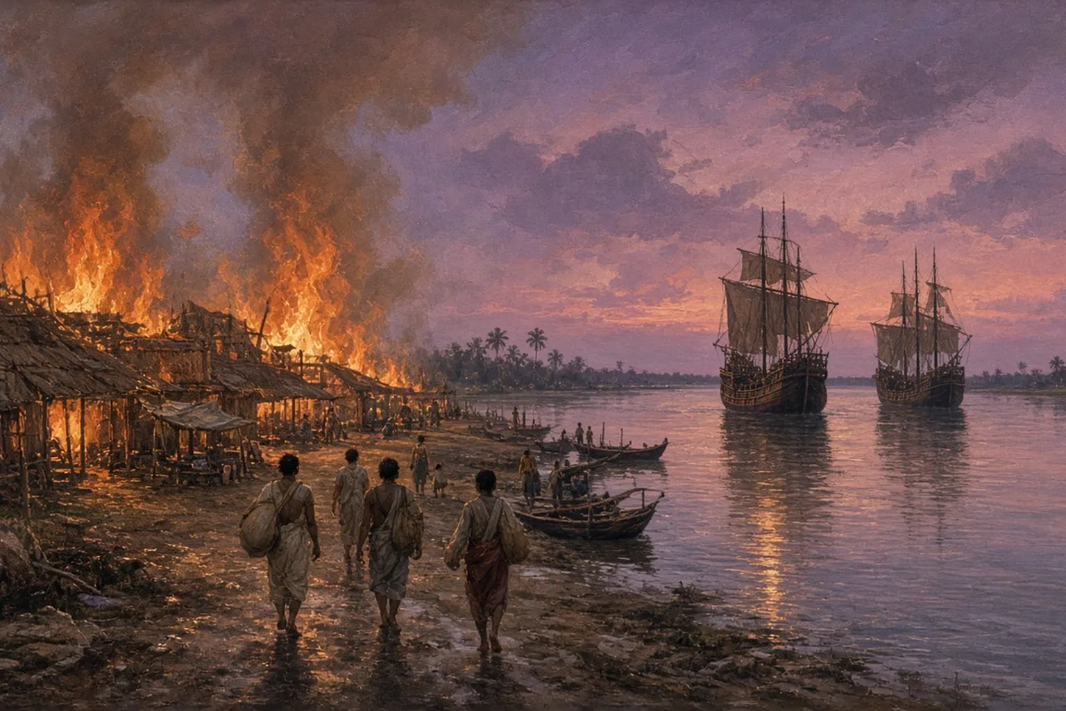 Illustration: at dusk on the Hooghly in the 1560s, a straw village burns on the bank as porters walk to boats and Portuguese ships ride at anchor
