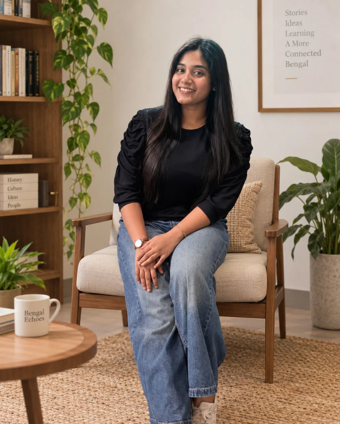 Pallavi Saha, seated in the Bengal Echoes studio.
