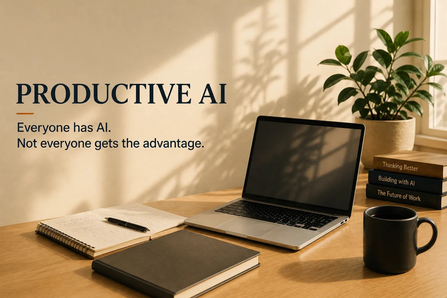 Campaign banner: the words "Productive AI" and "Everyone has AI. Not everyone gets the advantage." set over a sunlit desk with an open laptop, an open notebook and pen, a stack of books, a potted plant and a dark mug.