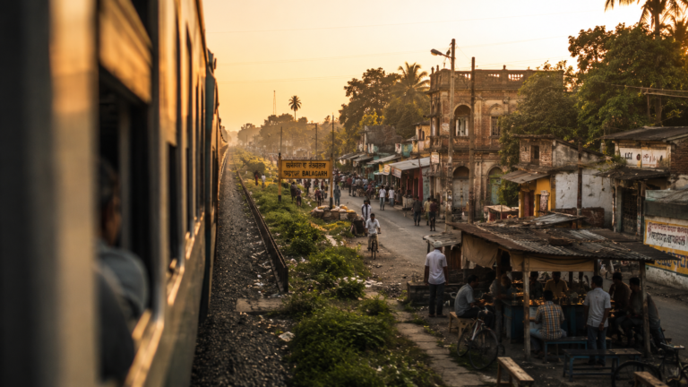 A passing train revealing an overlooked town in Bengal at golden hour.