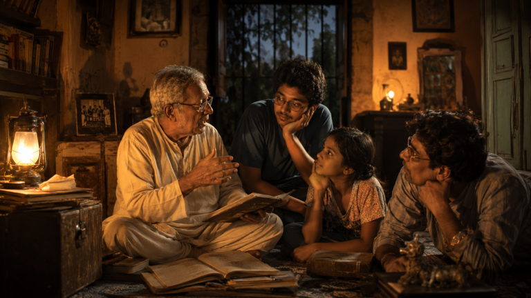 A traditional storytelling and cultural gathering in Bengal, representing the transmission of stories, memory, and knowledge across generations.
